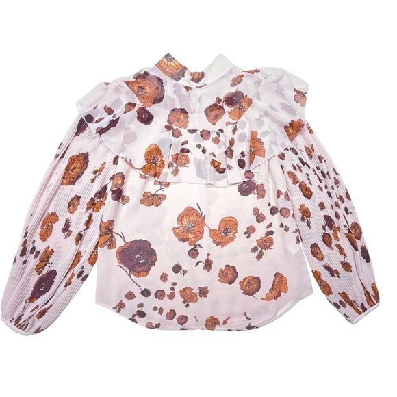 Women's Chelsea28 Floral Sheer Blouse w/ Ruffled Collar & Pleated Sleeves M Med - Picture 1 of 11